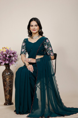 SAADHYA CREATION Embroidered, Solid/Plain Bollywood Georgette Saree(Dark Green)