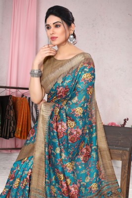 MIRCHI FASHION Printed, Floral Print Daily Wear Art Silk Saree(Light Blue, Pink)