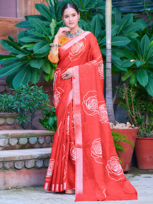Sareemall Digital Print Leheria Cotton Linen Saree(Red)