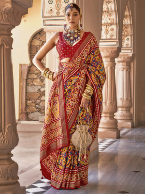 Tasrika Woven Patola Silk Blend Saree(Mustard)