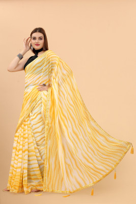 MM VENTURE Striped Jamdani Georgette Saree(White, Yellow)