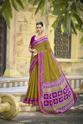 Igel Printed Daily Wear Pure Cotton Saree(Green)