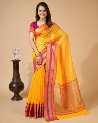 JIADIA Woven Kota Doria Cotton Silk Saree(Yellow)