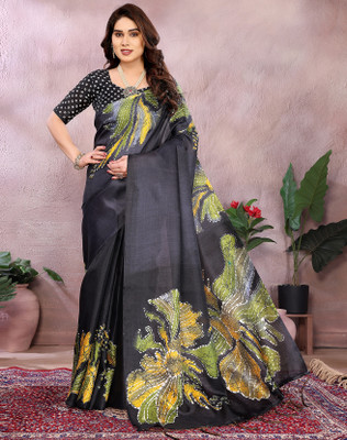 YASHIKA Printed Bollywood Art Silk Saree(Green, Black)