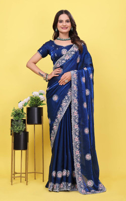 LH ENTERPRISE Embroidered, Self Design, Embellished Bollywood Silk Blend Saree(Blue)