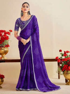 ROOP SUNDARI SAREES Printed, Embroidered Bandhani Chiffon Saree(Purple)