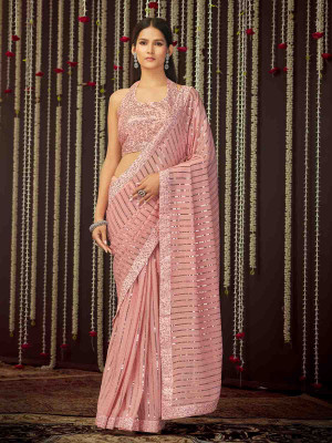 odette Embroidered Saree with Attached Blouse Art Silk Saree(Pink)