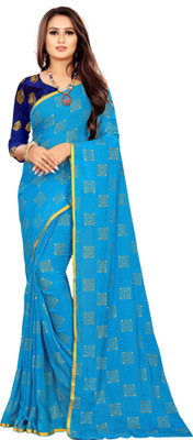 JV Fashion Printed Chanderi Chiffon Saree(Light Blue)