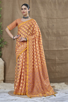 SHRIMAY Checkered Daily Wear Cotton Linen Saree(Orange)