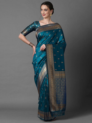 WINKLECART Checkered Kanjivaram Pure Silk Saree(Light Blue)