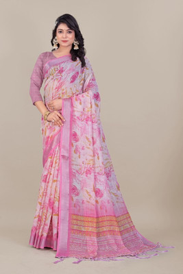 Vishal Corporation Floral Print, Woven Baluchari Cotton Linen Saree(Pink)