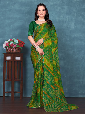 maayro Printed Bandhani Georgette Saree(Green)