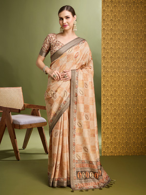 MANTROTSAV Digital Print Hand Batik Silk Blend Saree(Cream)