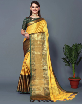 HouseOfCommon Woven, Checkered, Embellished, Self Design Narayanpet Jacquard, Cotton Silk Saree(Beige)