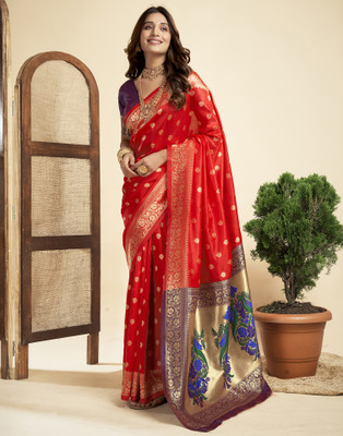 Samah Woven, Embellished, Self Design Paithani Silk Blend Saree(Red, Purple)