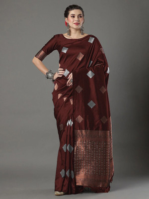 ETHNICHITZ Woven Ikkat Silk Blend, Jacquard Saree(Maroon)