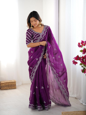Sajavat Embroidered, Embellished, Woven Bollywood Jimmy choo Saree(Purple)