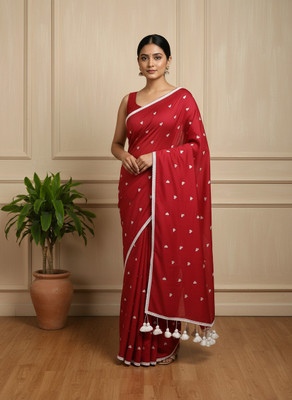 BRYNBRIT Printed Assam Silk Art Silk Saree(Red)