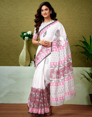 SIRIL Floral Print, Geometric Print, Printed Sambalpuri Chanderi, Cotton Blend Saree(White)