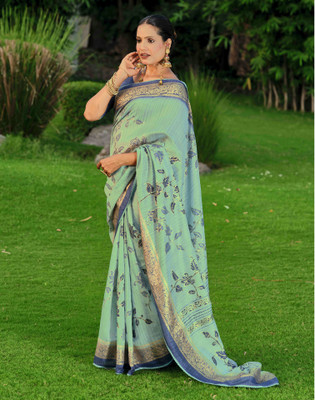 Satrani Floral Print Bollywood Silk Blend Saree(Blue)