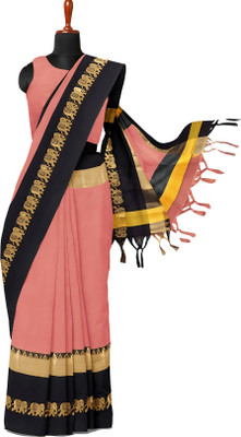 MoonTextile Temple Border Assam Silk Cotton Silk Saree(Black)