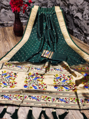 PHEASANT Woven Paithani Pure Silk, Art Silk Saree(Dark Green)