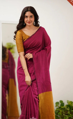 SMRITI HANDLOOM Solid/Plain Handloom Handloom Pure Cotton Saree(Green, Pink)