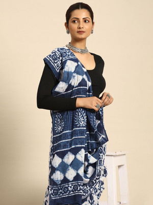 Taavi Printed Hand Batik Pure Cotton Saree(Blue)