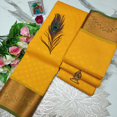 Poontamil soft Silk Woven, Temple Border, Embellished, Self Design Kanjivaram Polyester Saree(Dark Blue, Silver)