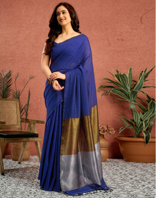 Satrani Embellished, Solid/Plain Bollywood Linen Saree(Blue)