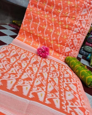 Soma Tant saree Mahal Self Design, Woven, Geometric Print Handloom Cotton Silk Saree(White)