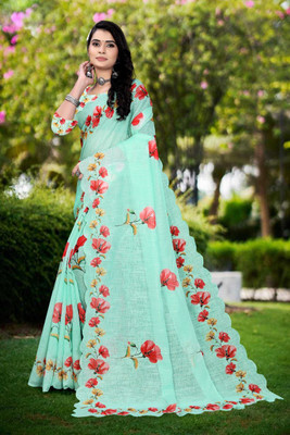 parakhiya fab Digital Print Handloom Cotton Linen Saree(Dark Green)