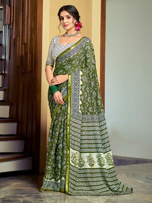 all about you Woven Daily Wear Cotton Blend Saree(Green)
