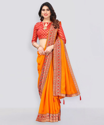 AANZIA Solid/Plain Bollywood Polyester Saree(Orange, Red)