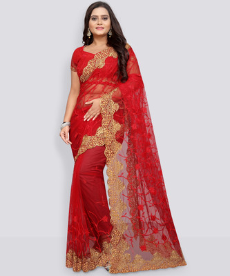 YARA CREATION Embroidered Bollywood Net Saree(Red)