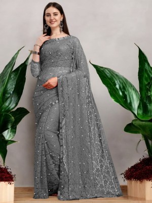 Prisha Fashion Embroidered Bollywood Net Saree(Grey)