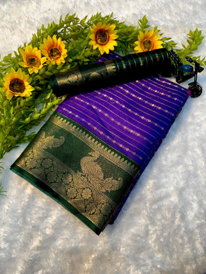 Anuradha Striped, Embellished Mysore Silk Blend Saree(Purple)