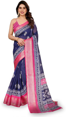 Moda Rapido Printed, Woven Bollywood Cotton Blend Saree(Dark Blue)
