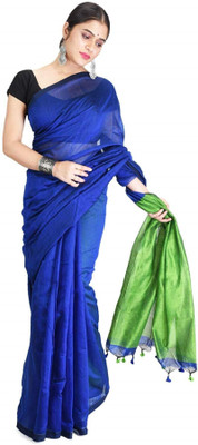 Desh Bidesh Color Block Bollywood Handloom Pure Cotton Saree(Blue, Green)