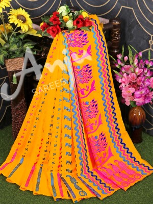 Anju Sarees Striped Jamdani Jacquard, Cotton Blend Saree(Yellow)