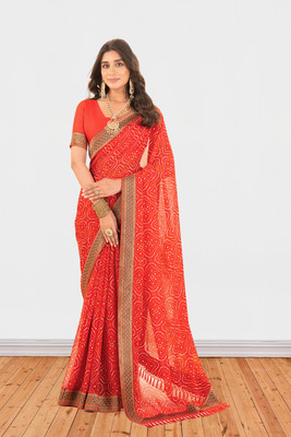 VUFII Printed Bandhani Georgette Saree(Red)