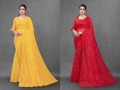 Fashion Field Self Design Bollywood Net Saree(Pack of 2, Red, Yellow)