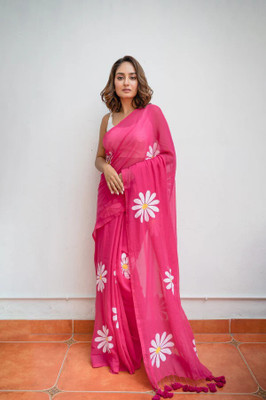Vleez Printed Handloom Pure Cotton Saree(Pink)