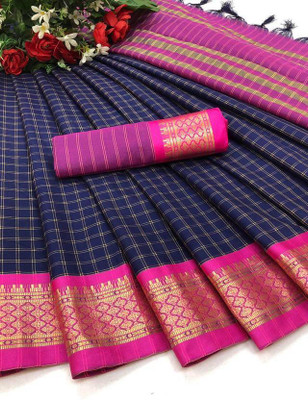 JbWorld Checkered, Woven Gadwal Cotton Silk, Pure Silk Saree(Blue, Pink)
