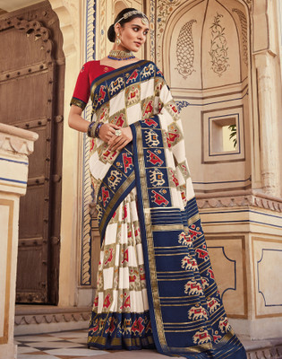Satrani Blocked Printed, Geometric Print, Printed Patola Art Silk Saree(White, Blue, Multicolor)