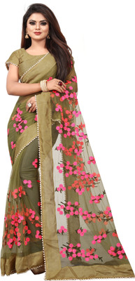 TEZMARK Floral Print Bollywood Net Saree(Dark Green)