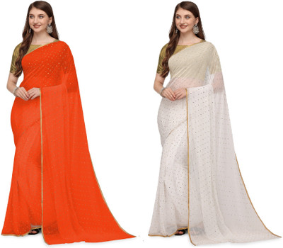 Prutha Fashions Solid/Plain Daily Wear Chiffon, Georgette Saree(White, Orange)