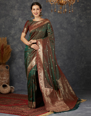 all about you Woven, Self Design Banarasi Silk Blend Saree(Dark Green, Maroon, Gold)
