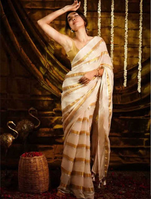 Lakshmi Boutique Woven, Self Design, Striped Bollywood Mulmul, Cotton Silk Saree(Pink, Gold)
