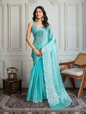 House of Pataudi Embroidered Saree with Attached Blouse Art Silk Saree(Blue)